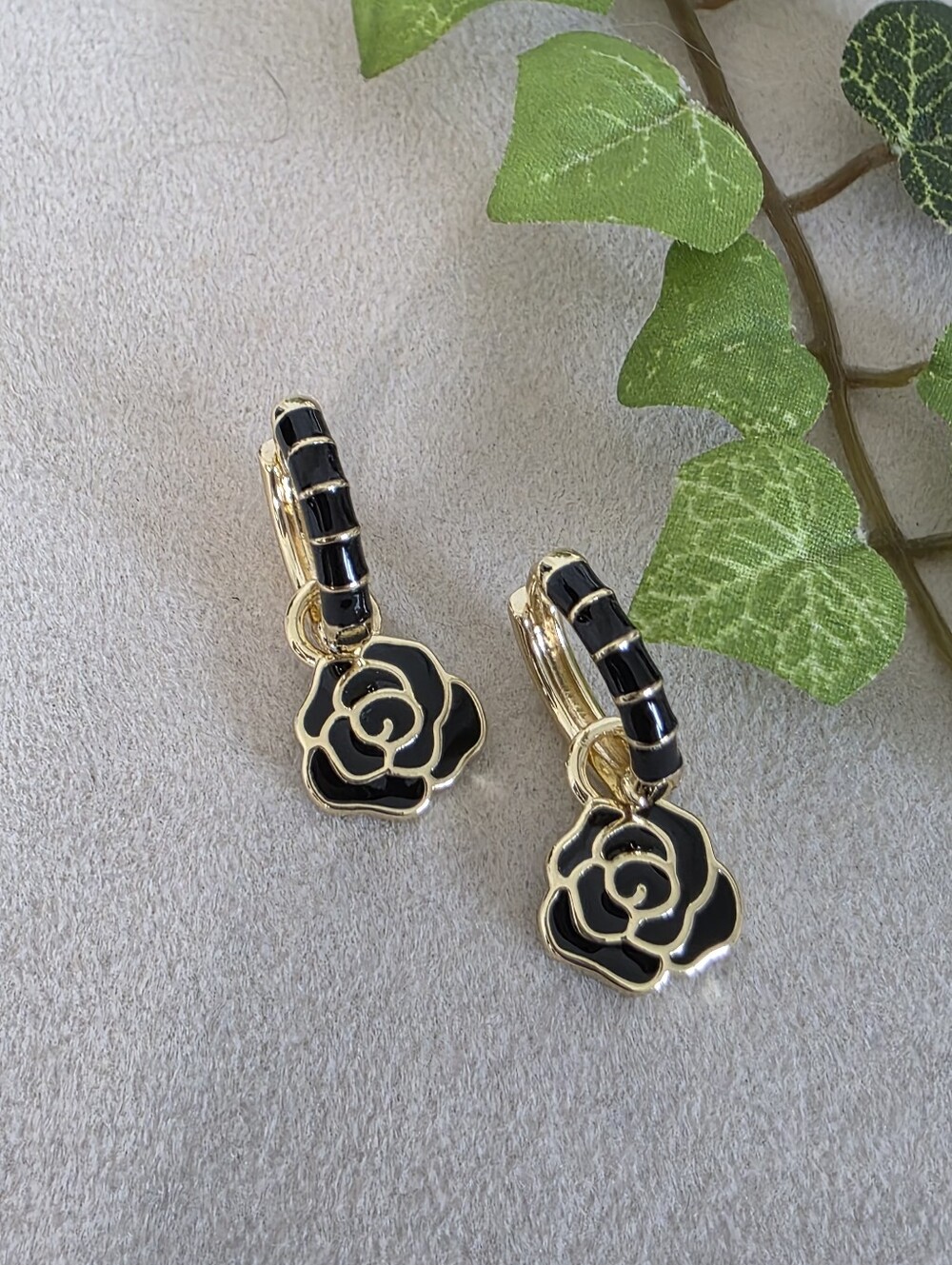 Gold Filled Black Enamel Rose Huggie Hoop Earrings Removable Charm